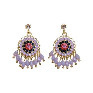 Vintage floral drop earrings with pink crystals, blue accents and purple teardrop beads