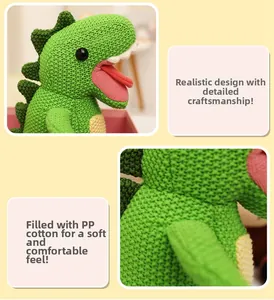 Close-up of a green crochet dinosaur plush with soft PP cotton filling and neat stitches