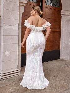 Elegant white sequined mermaid evening gown with off-shoulder ruffles and an open back