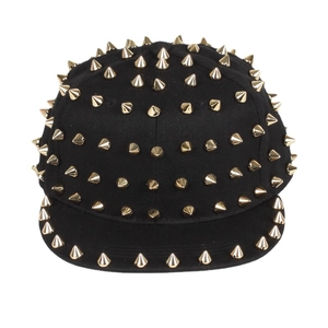 Hip hop black flat brim cap with gold star-patterned metal studs and adjustable back