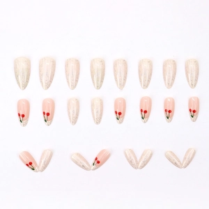 Almond-shaped press-on nails set with cherry patterns and marble design 24pcs