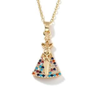 Collier religieux pendentif Vierge Marie doré serti de zircons cubiques colorés en pavé