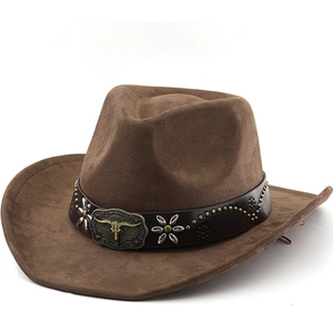 Western Cowboy Hat Suede Polyester Wide Curved Brim Bull Head Buckle Leather Band Retro Ethnic Style Men Women
