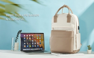 Detail of laptop backpack with USB port, beige and coffee contrast design on desk