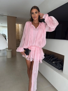 Pink chiffon long sleeve V-neck dress with lantern sleeves and layered ruffle hem
