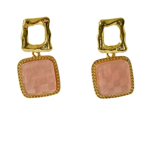 Elegant geometric gold square earrings with pink shell texture and S925 silver pins