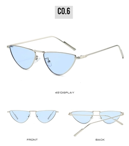 Three-way view of cat eye metal sunglasses featuring silver frames and blue lenses