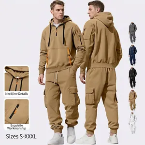 Felpa Con Cappuccio E Pantaloni Cargo Da Uomo Poliestere Pile Mezza Zip Tuta Casual All Aperto Sportiva Streetwear