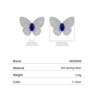Boucles d'oreilles papillon en argent S925 avec pierre bleu royal et cristaux