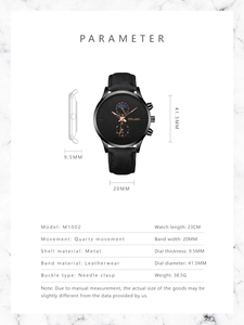 Detailed size specifications for the Yolako men's quartz watch with black leather strap