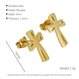 Detailed view of 18K gold plated stainless steel cross stud earrings with dimensions