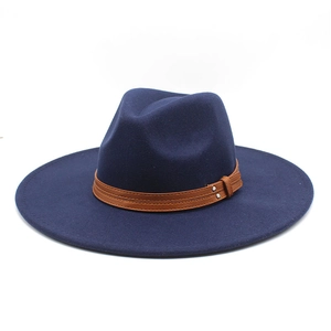 Classic dark blue wool fedora hat with flat brim and brown studded leather band