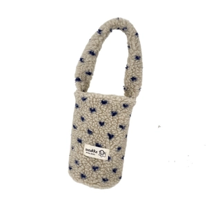 Beige plush heart pattern drink carrier bag with soft lamb wool handle and puppy label