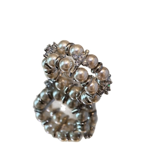 Elegant double-layer pearl elastic ring featuring a zircon encrusted silver cross charm