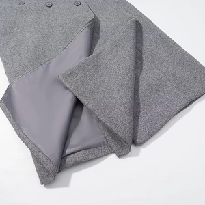 Women's slim-fit long wool coat in grey featuring double-breasted buttons and soft lining