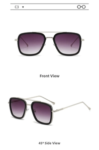 Detail view of model C3 aviator sunglasses with silver double bridge and purple lenses