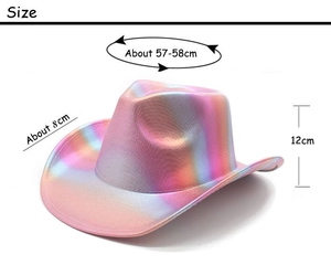 Rainbow holographic cowboy hat showing size 57-58cm, 8cm brim, and 12cm height