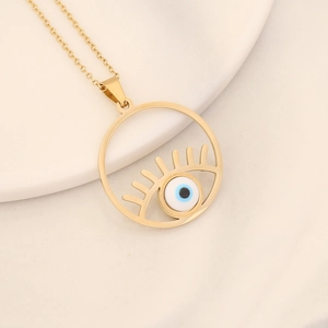 Golden stainless steel necklace featuring a round evil eye pendant with blue enamel