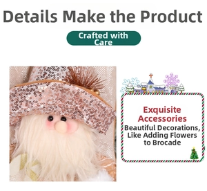 Close-up of Santa Claus stocking with pink sequined hat and soft white faux fur beard