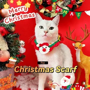 Knitted Christmas pet collar with Santa Claus ornament worn by a white cat