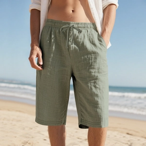 Herren Leinen-Freizeitshorts in Salbeigrün mit Kordelzug und Gummibund für den Strand