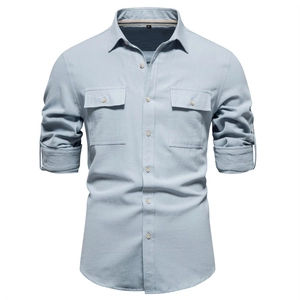 Men's light blue-grey cotton long sleeve shirt with double pockets and rolled cuffs