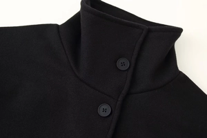 Detailed close-up of a black wool coat featuring a mock neck and single-breasted button design