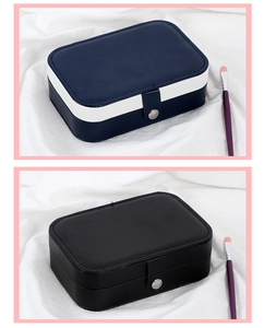 Macro detail of portable travel jewelry box with metal snap closure in leather finish