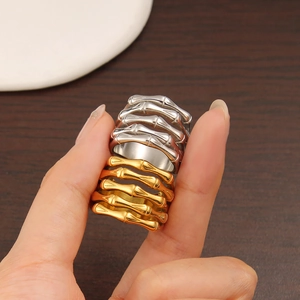 Exaggerated hollow bamboo-shaped stainless steel rings in gold and silver finish