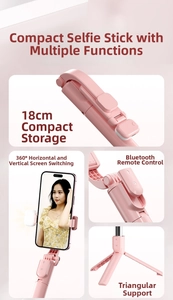 Foldable pink selfie stick with 18cm compact size, Bluetooth remote and tripod stand