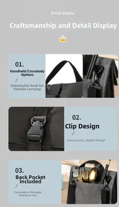 Detail of insulated lunch bag with detachable metal hook, buckle closure and cutlery pocket