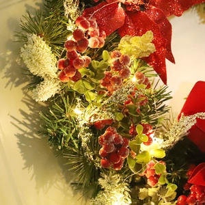 Red Christmas ball wreath with LED lights and pine needles for front door decor