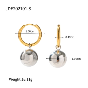 18K gold-plated stainless steel hoop earrings with silver ball charms and dimensions