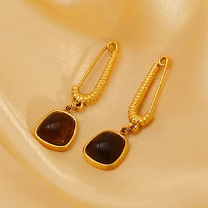 Vintage 18K gold-plated stainless steel earrings with square amber-colored natural stone