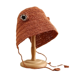 Handmade crochet frog summer sun hat for kids in bright orange with knit chin straps