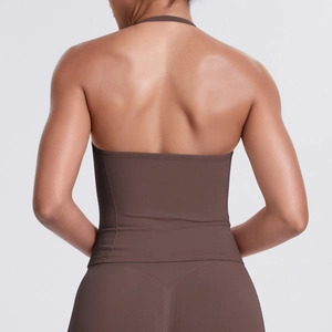 Brown seamless backless sports bra with halter neck and elastic performance fabric