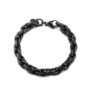 Vintage Hip Hop Chunky Titanium Steel Chain Necklace Bracelet For Men Retro Gun Black Twisted Rope Link Chain Jewelry Set