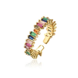 Close-up of gold-plated open ring featuring vibrant multi-colored rectangular zircon stones
