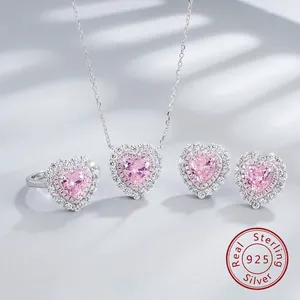 925 Sterling Silver Heart Ice Flower Cut Pink Yellow Rhinestone Jewelry Set Heart Pendant Necklace Ring Earrings For Women Party Wedding