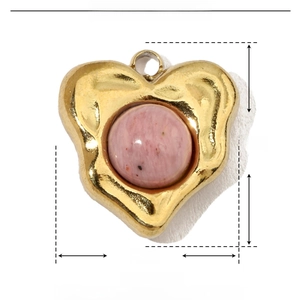 Golden heart-shaped stainless steel pendant featuring a pink natural stone and dimensions