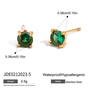 Detail view of gold stainless steel stud earrings with green rhinestones and specifications