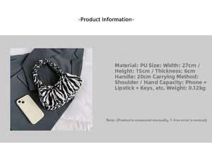 Detail showing zebra pattern PU leather cloud bag with size 27x15x6cm and capacity info