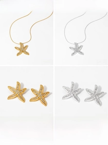 Detail view of starfish jewelry set in gold and silver with PVD plating and white zircon