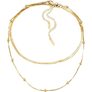 Double-layered gold stainless steel necklace with flat snake chain and beaded detail