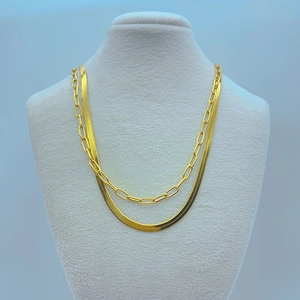 Double-layered gold titanium steel necklace featuring a snake chain and long link chain