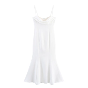 Elegant White Maxi Dress With Artificial Pearl Spaghetti Straps Cowl Neck Fishtail Hem Slim Fit Satin Party Gown For Women