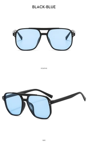Detailed front and side views of double-bridge aviator sunglasses with blue lenses