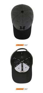 Detail view of bicolor wool baseball cap featuring H logo and sport sweatband