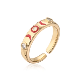 Detail of 18K gold plated open ring with moon phase enamel and zircon accents