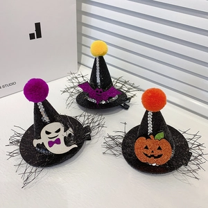 Three-piece Halloween mini witch hat hair clip set with glitter, tulle, and festive charms